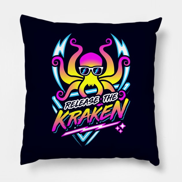 Release The Kraken Retro Neon Synthwave 80s 90s Pillow by brogressproject