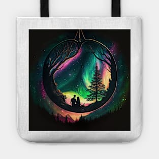 Couple in Heart shaped tree watching the northern lights. Tote