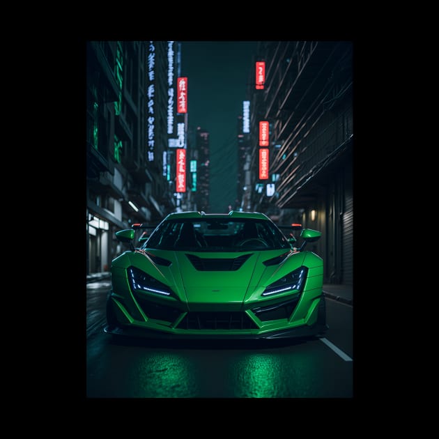 Dark Green Sports Car in Japanese Neon City by star trek fanart and more