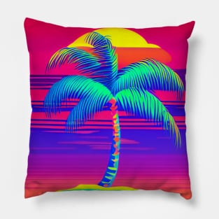 Palm Tree Paradise - Bright Colors on a Black Background Pillow