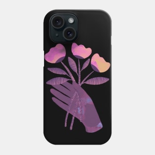 Purple hand with pink and yellow flowers for you on black Phone Case