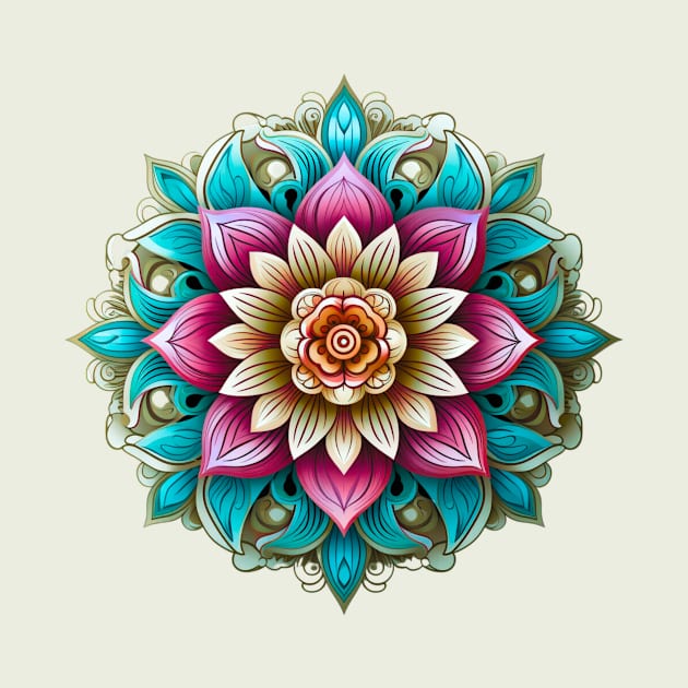 Blossoming Enlightenment, Serene Lotus Mandala in Pink, Teal, and Mint by Nebula Nexus