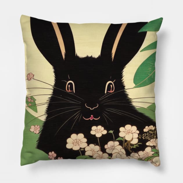 Black New Zealand Rabbit with Beautiful Ears in Garden Pillow by wigobun