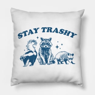 Stay Trashy Funny Meme Graphic T-Shirt, Retro Unisex Adult Tshirt, Vintage Raccoon Opossum Skunk Shirt, Nostalgia Pillow