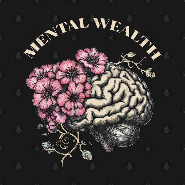 Mental Wealth, Brain mental health psychology, pink flowers,anatomy watercolor art by Collagedream