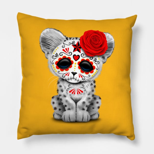 Red Day of the Dead Sugar Skull Snow Leopard Cub Pillow by jeffbartels