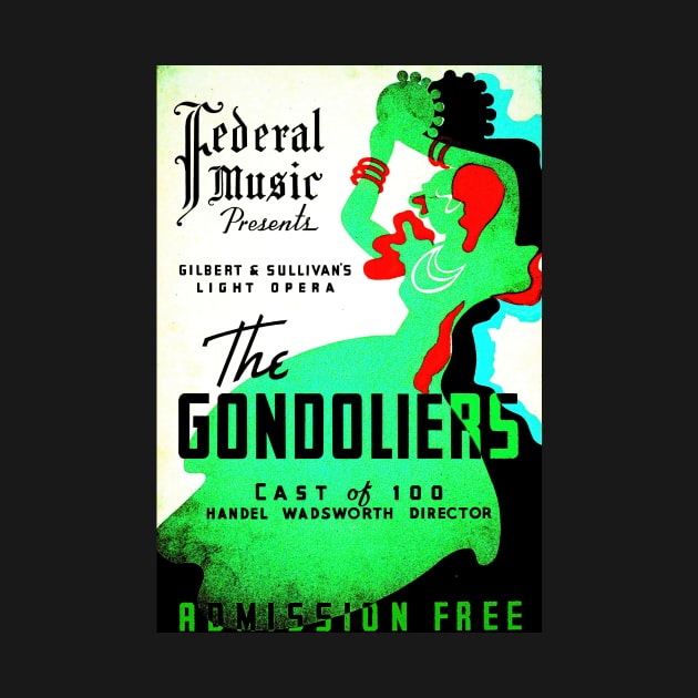 The Gondoliers vintage screen print in bright grunge green, 1937: Retro theatre poster, cleaned and restored by retrografika