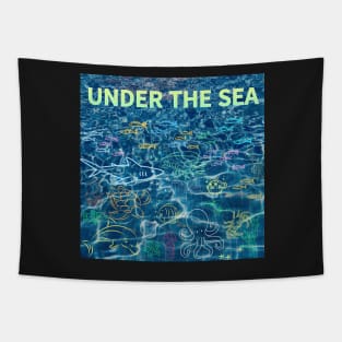 under the sea,blue sea,sea creatures,Turtle, puffer fish, starfish, shrimp, shark, tropical fish, sea horse, seaweed, sardines, squid, crabs, clams Tapestry