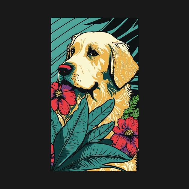 Golden Retriever Dog Vibrant Tropical Flower Tall Retro Vintage Digital Pop Art Portrait by ArtHouseFlunky