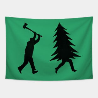 Funny Christmas tree is chased by Lumberjack / Run Forrest, Run! Tapestry