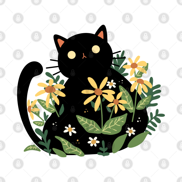 Discover Cute Cat With Flowers | Handmade Illustration | Kawaii Design | By Atelier Serakara - Black Cat - Long Sleeve T-Shirts