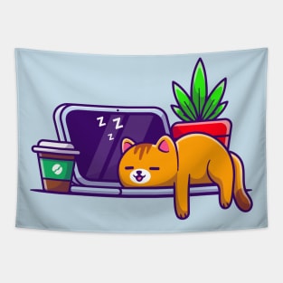 Cute Cat Sleeping On Laptop With Coffee Cartoon Tapestry