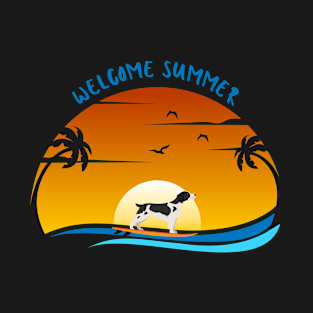 Welcome Summer with Britanny Spaniel Dog on Surf and Summer Landscape with Palm, Sunset Sky and Sea T-Shirt