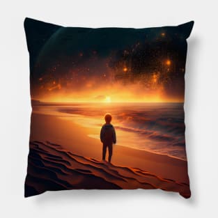 A young man standing on the beach enjoying the sunset Pillow