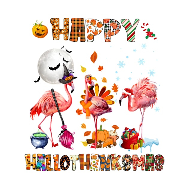 Cute Flamingo HalloThanksmas Happy Halloween Thanksgiving T-Shirt by Krysta Clothing