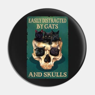 Easily Distracted By Cats And Skulls Skull Cat Lover Pin