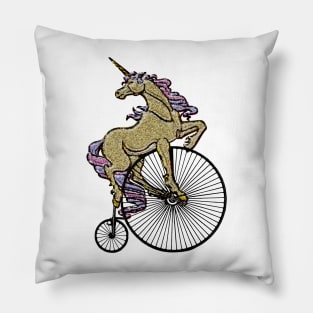 Golden Sparkly Unicorn on Penny Farthing Velocipede Pillow