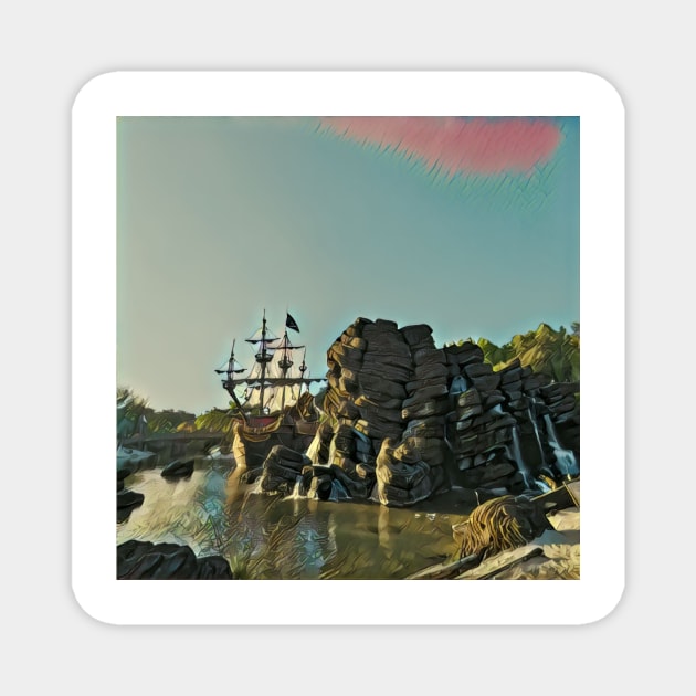 skull rock and pirate ship Magnet by kiwimick