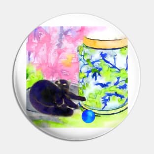 Cat playing and chinoiserie jar watercolor painting Pin