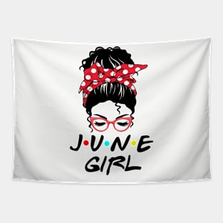 June girl with messy bun red dot headband sunglasses Tapestry