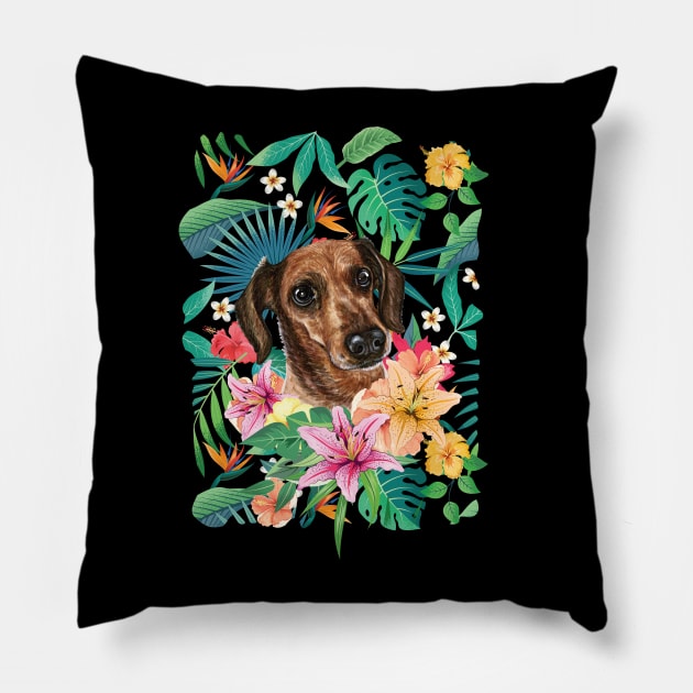 Tropical Brown Dachshund Doxie 2 Pillow by LulululuPainting