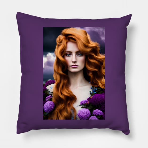 Lady With Purple Flowers Pillow by PurplePeacock