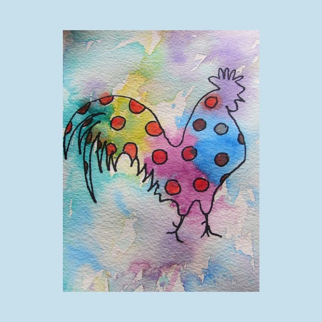 Polka Dot Rooster Watercolor Painting Rainbow by SarahRajkotwala