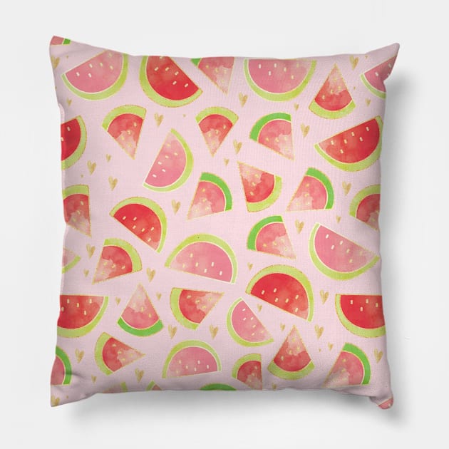 Watermelon Slices & Hearts, Pink Pillow by tanyadraws