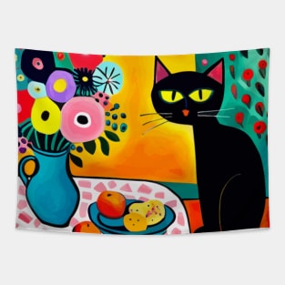 Still Life Painting with Black Cat and Flower Vase Tapestry