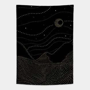 Golden Night Starry Sky Crescent Moon Black and Gold Tapestry