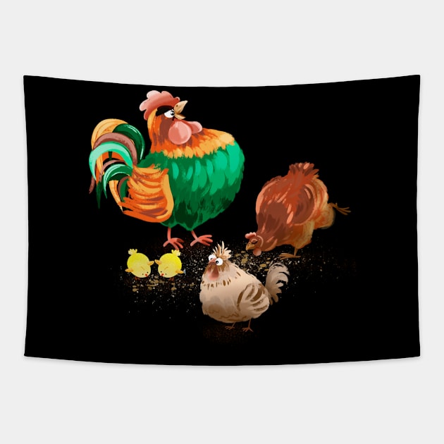 Chickens and cockerel Tapestry by pimkie