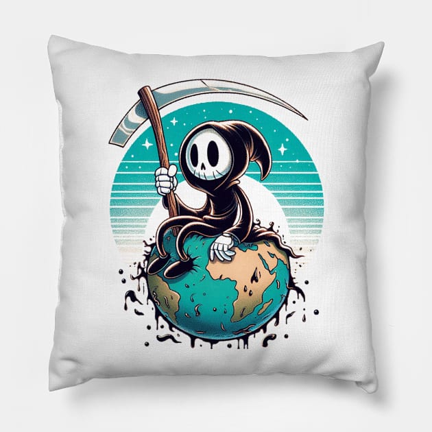 Whimsical Grim Reaper Sitting On Earth Pillow by ArtisanEcho