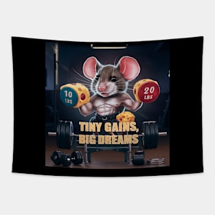 A muscular mouse wearing tiny weights, lifting a cheese dumbbell Tapestry