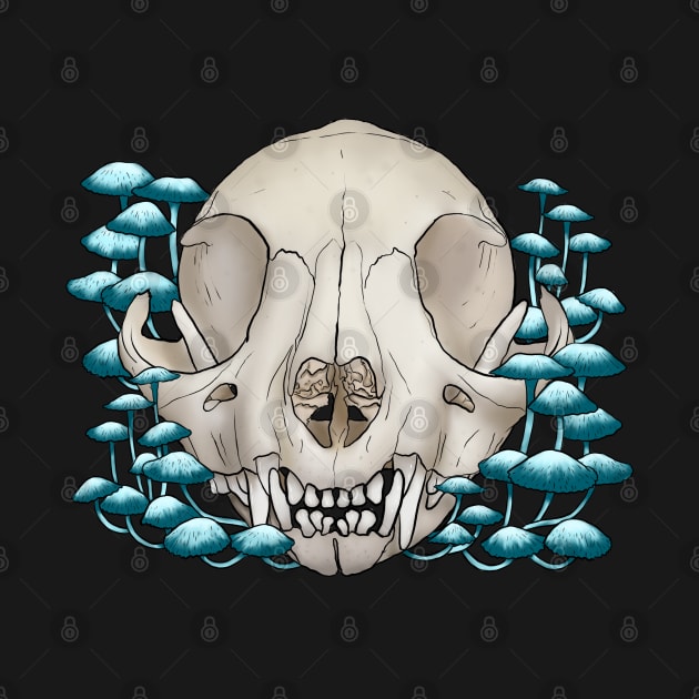 Cat Skull with Blue Mushrooms by Aslynder