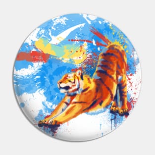 Stretching Tiger - Colorful Animal Illustration Pin