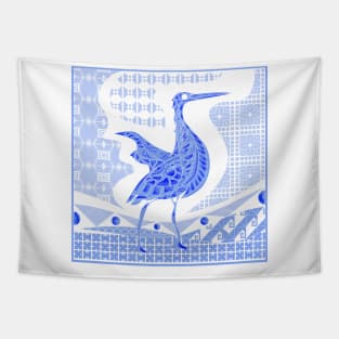 egret bird in talavera nest in mexican pattern art ecopop in blue light Tapestry