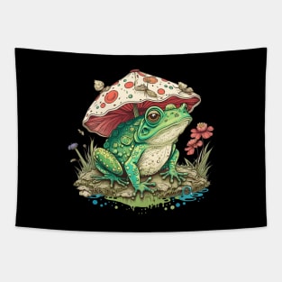 Cottagecore Aesthetic Frog under Mushroom Vintage Tapestry