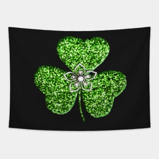 Faux Green Glitter Shamrock With A Flower Tapestry