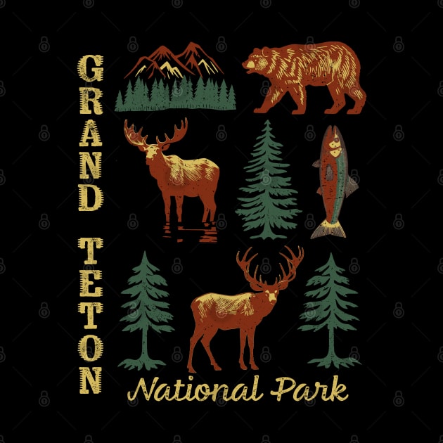 Grand Teton National Park Distressed Mountain Trees Moose Bear Fish DeerSouvenir by Pine Hill Goods