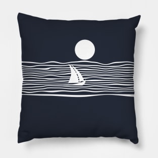 Sailing Boat Sea Night Full Moon White Blue Pillow