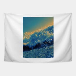Photo of a wave on the beach on a sunny day, blue and orange gradient Tapestry