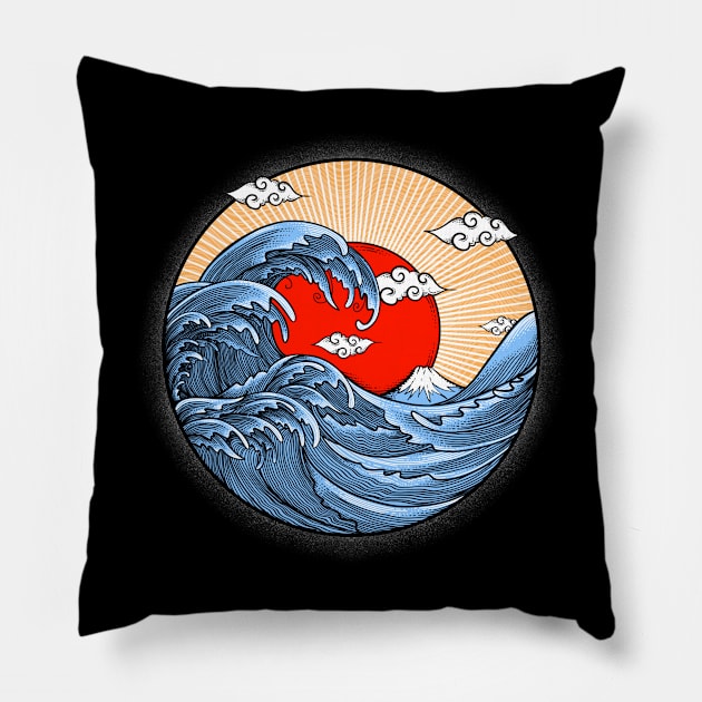 The great wave at afternoon-engravings style Pillow by Jipau