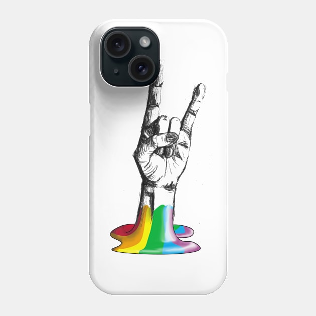 Hand making metal rock gesture coming out of rainbow Phone Case by InkLove