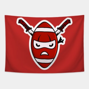 Rugby Ball Ninja with Swords Sticker design vector illustration. Sports object icon concept. Ninja mascot with American football sticker design icons logo with shadow. Tapestry