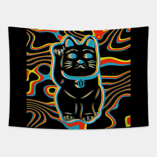 Japanese Maneki Neko Lucky Cat - Black Illusion Tapestry