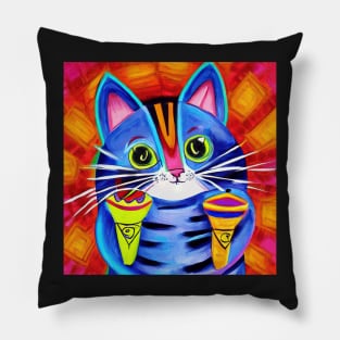 Blue Spanish Cat Playing Maracas Music, Colorful Mexican folk art painting Pillow