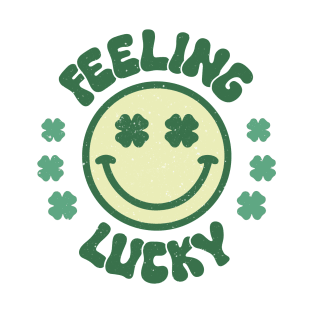 Feeling Lucky St. Patricks Day Four Leaf Clover Smiley Face Distressed T-Shirt