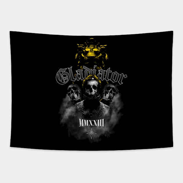 Gladiator Victory Lion Skull Strength MMXXIII Streetwear Graphic Design Tapestry by PW Design & Creative