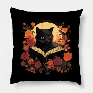 Floral Black Cat And Book Catshirt Pillow