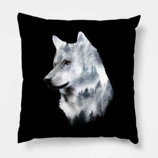 Dramabite Double exposure wolf surreal wildlife nature wilderness Pillow